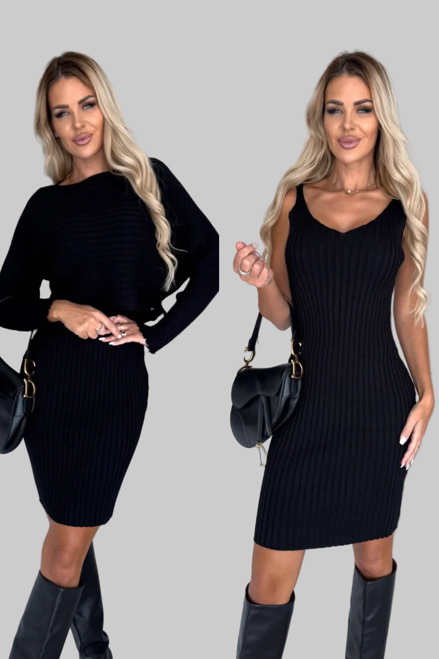 Model wearing The Victoria Ribbed Pinafore Set in Cream - part of the Michelle Victoria Wear Spring Awakening Collection