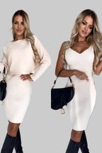 Model wearing The Victoria Ribbed Pinafore Set in Cream - part of the Michelle Victoria Wear Spring Awakening Collection