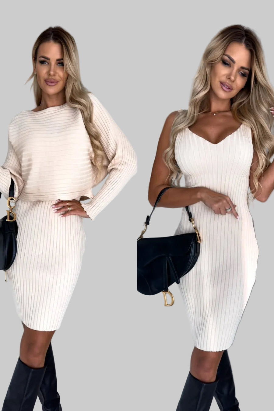 Model wearing The Victoria Ribbed Pinafore Set in Cream - part of the Michelle Victoria Wear Spring Awakening Collection